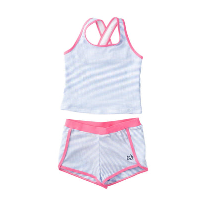 Prodoh Girls' Seaside Tankini Set – Blue Seersucker with Pink Trim