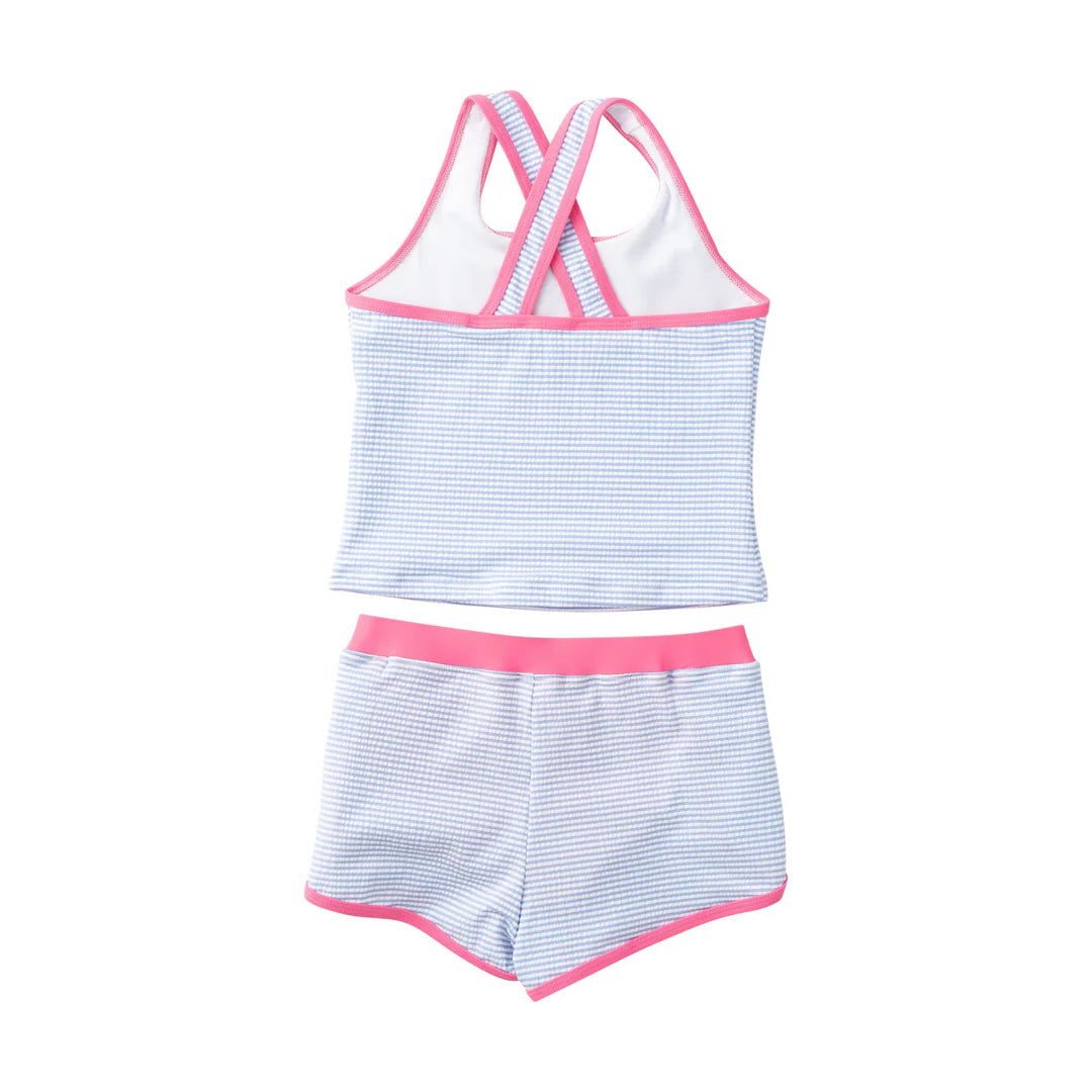 Prodoh Girls' Seaside Tankini Set – Blue Seersucker with Pink Trim