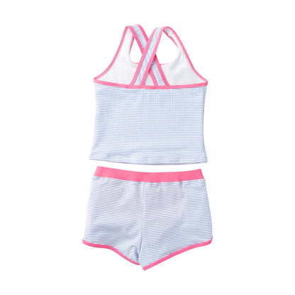 Prodoh Girls' Seaside Tankini Set – Blue Seersucker with Pink Trim