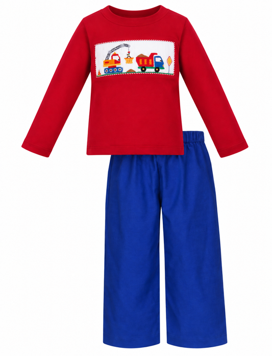 Anavini Contruction Trucks Knit Shirt with Royal Blue Corduroy