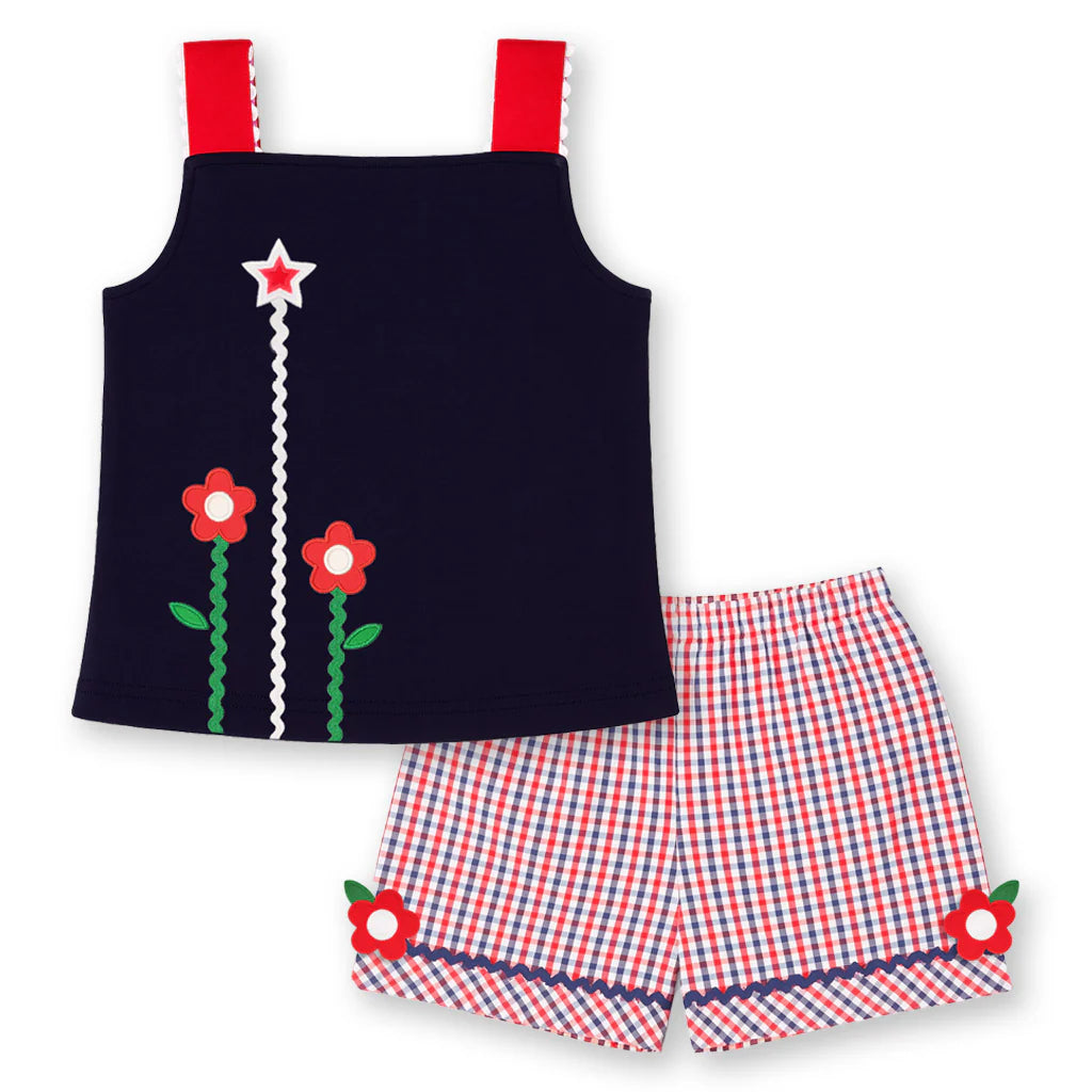 Florence Eiseman Knit Top With Ric Rac, Flowers & Star with Plaid Seersucker Shorts With Ric Rac & Flowers