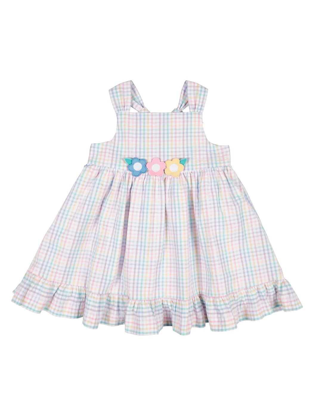 Florence Eiseman pastel plaid seersucker girls dress with flower appliqué
