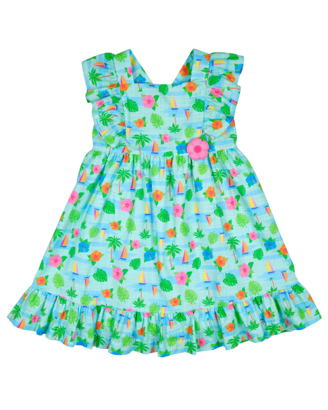 Florence Eiseman tropical print linen look girls dress with hibiscus appliqué
