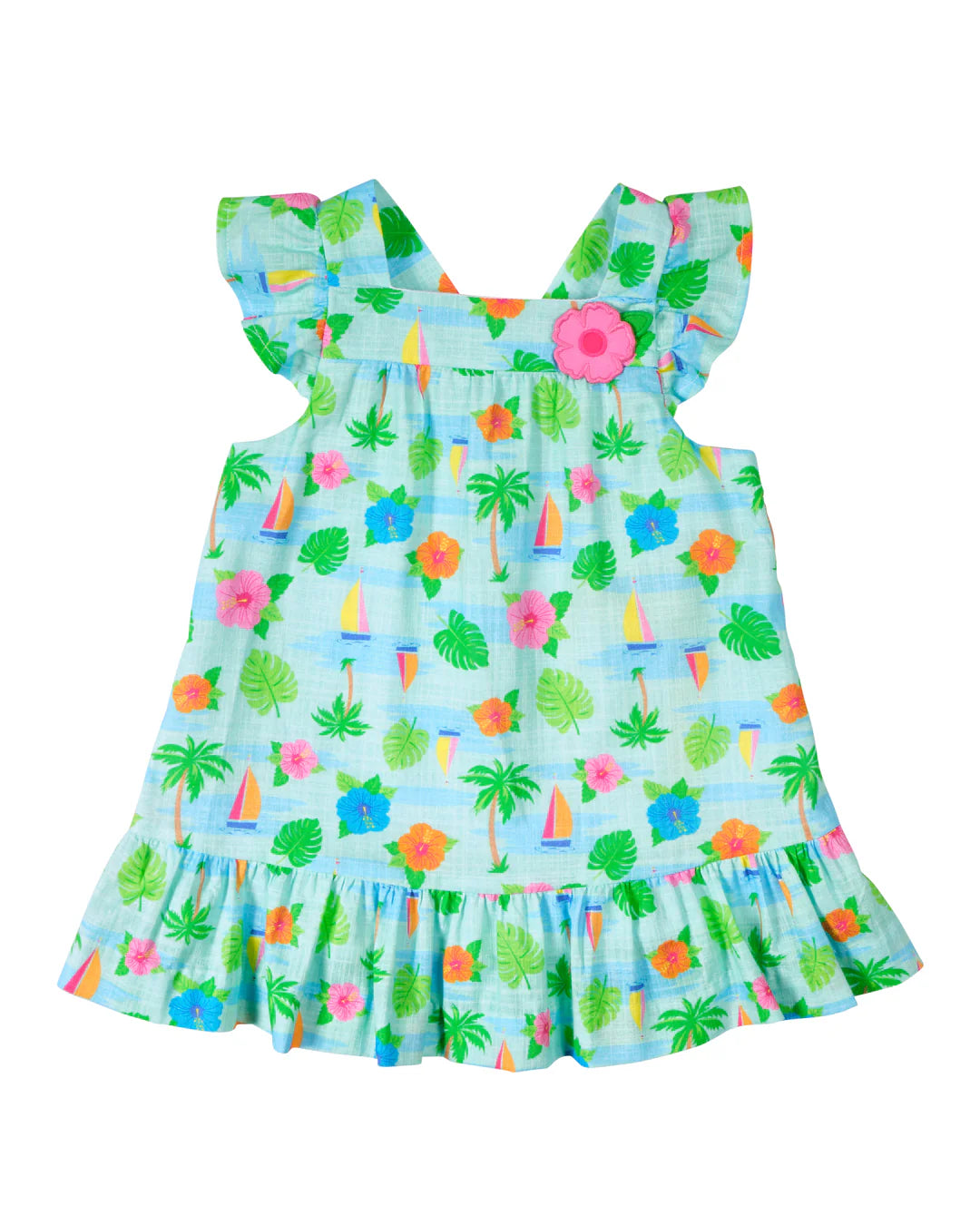 Florence Eiseman tropical print linen look girls dress with hibiscus appliqué baby

