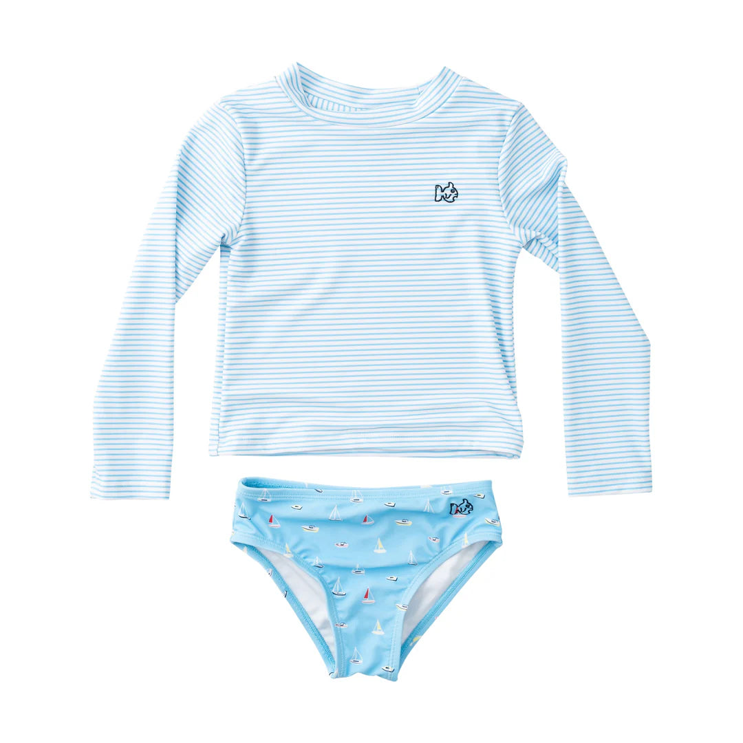Prodoh Girls' Reef Rashgaurd Swim Set- The Coast Thin Stripe/Boats in the Bay Print