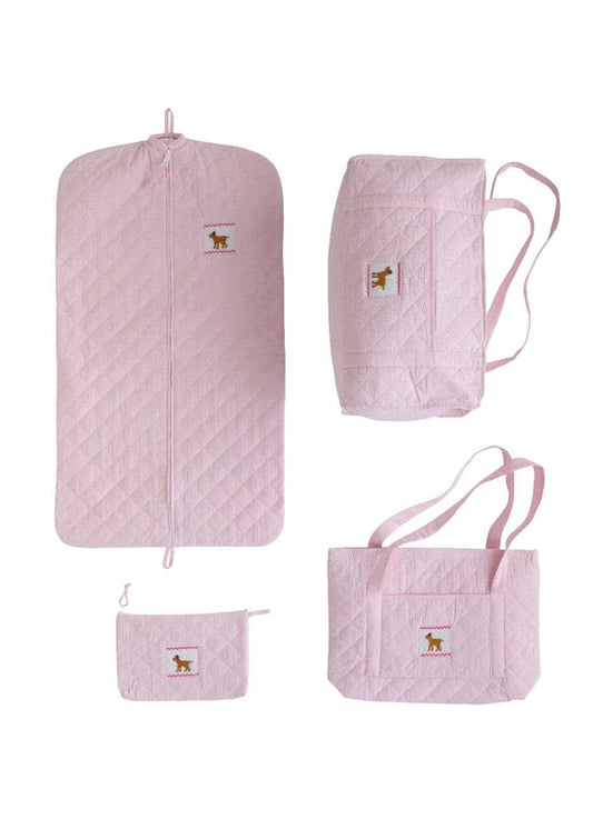 Little English quilted luggage set light pink seersucker Labs