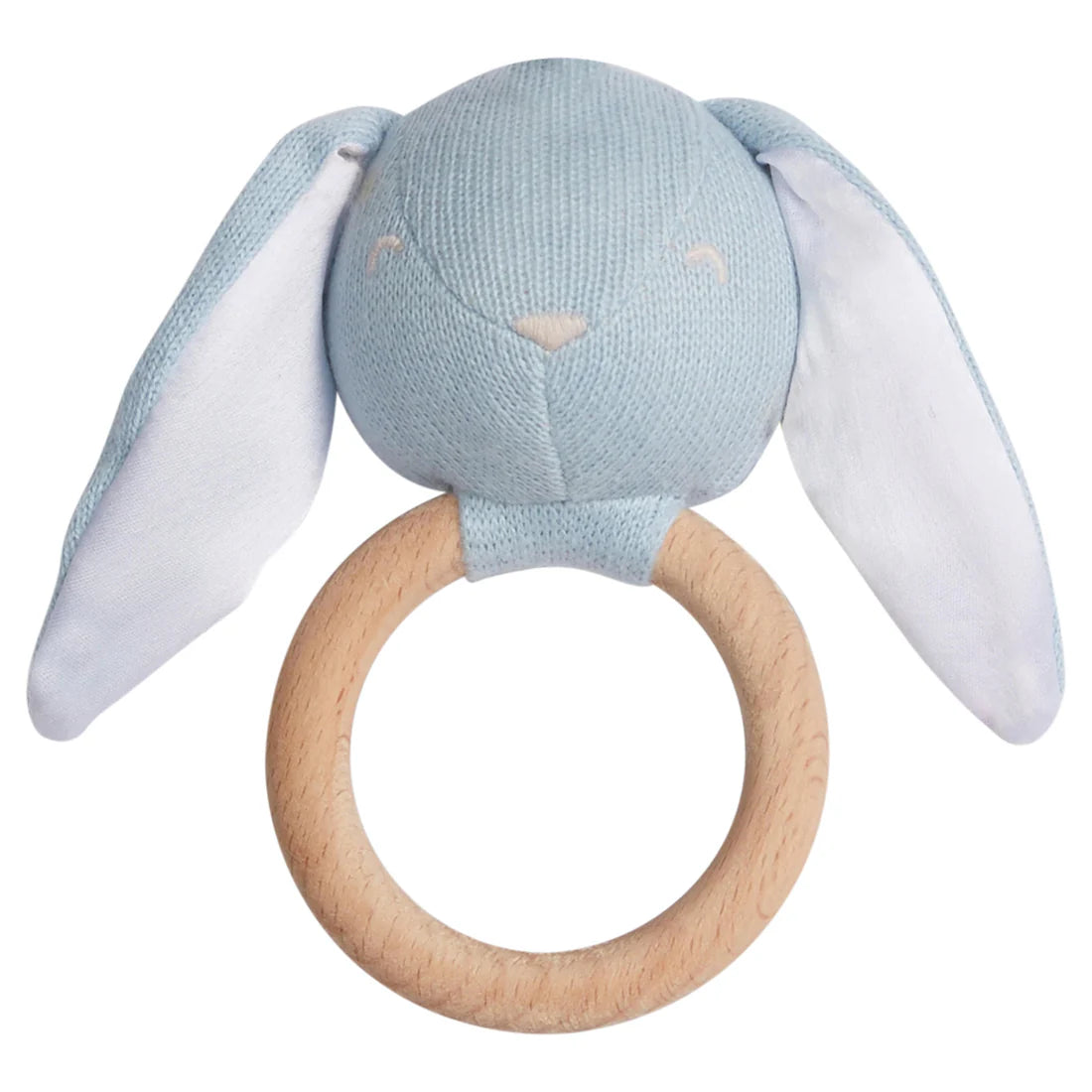 Little English bunny baby rattle with wooden ring blue