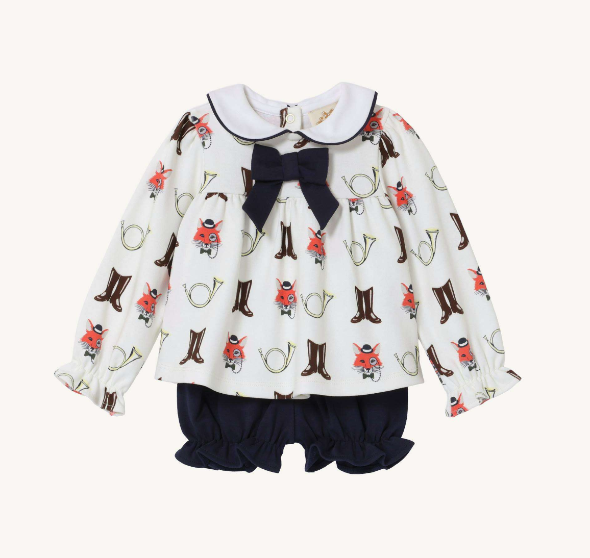 The Beaufort Bonnet Company Long Sleeve Banks Bow Bloomer Set Happy Hunting/Worth Ave White/Nantucket Navy