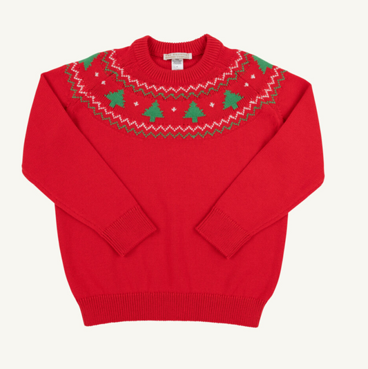 The Beaufort Bonnet Company Isaac's Intarsia Sweater Fairisle Richmond Red/Christmas Trees