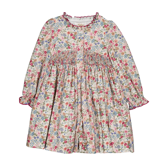 Lola Smocked Girl Dress in Pink and Raspberry Floral Print