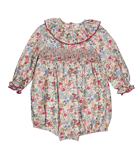 Anthea Smocked Girl Romper in Pink and Raspberry Floral Print