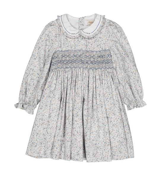 Kidiwi Héloïse Smocked Girl Dress in Small Blue Flowers Print