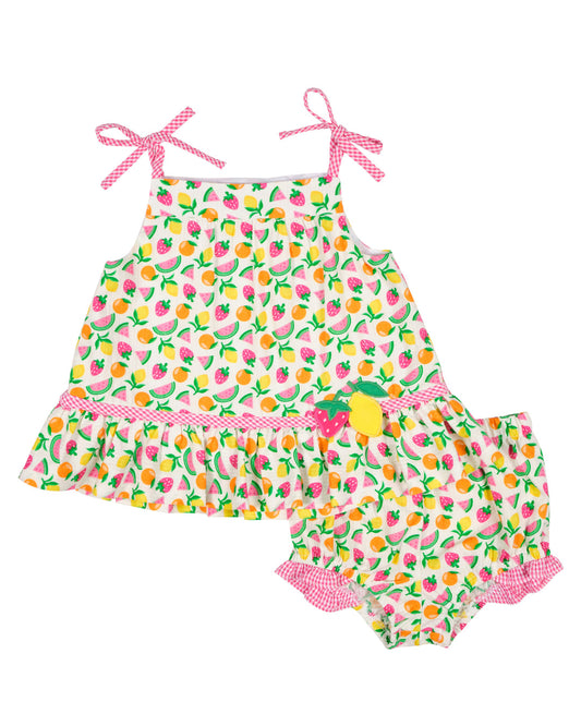 Florence Eiseman Printed Seersucker Dress & Bloomer With Fruit