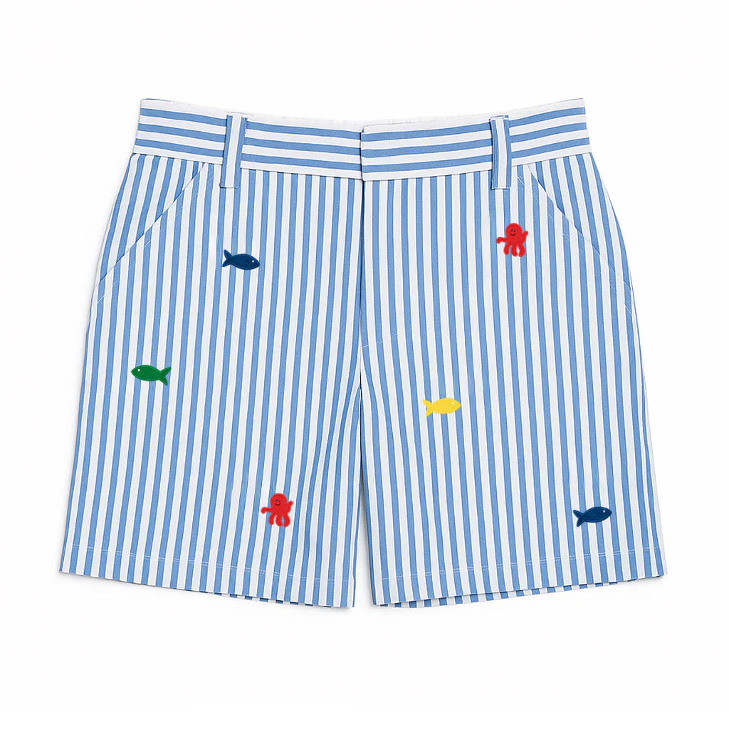 Florence Eiseman royal white seersucker boys shorts with embroidered fish and octopus
