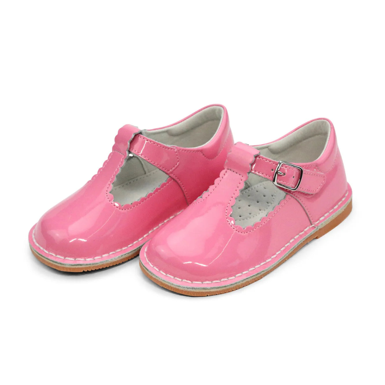 L'Amour Selina Patent Scalloped T-Strap Mary Jane- Malibu Pink