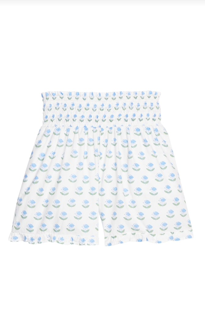 Bisby Shirred Ruffle Shorts - Blue Tulip Block Print