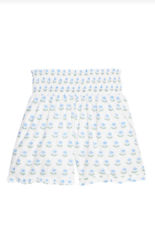 Bisby Shirred Ruffle Shorts - Blue Tulip Block Print