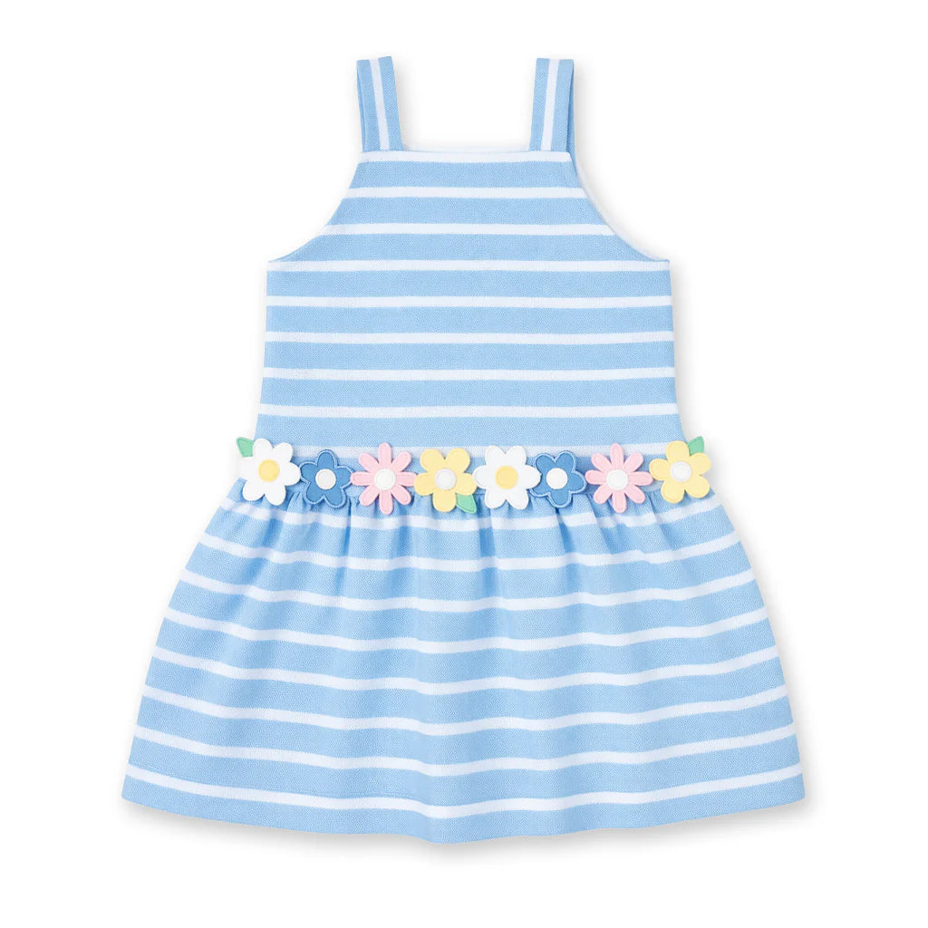 Florence Eiseman light blue white stripe knit girls dress with multicolor flowers