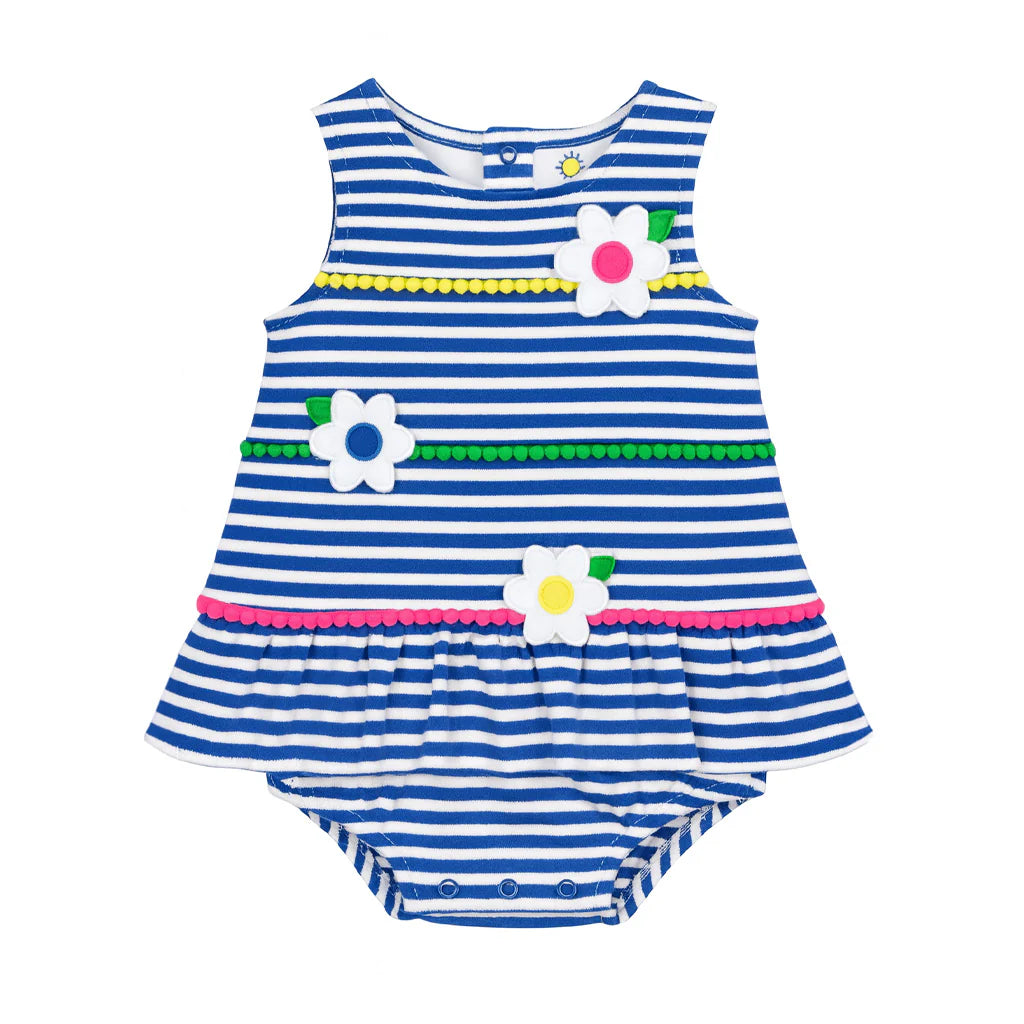 Florence Eiseman Stripe Knit Romper With Pom Poms & Flowers