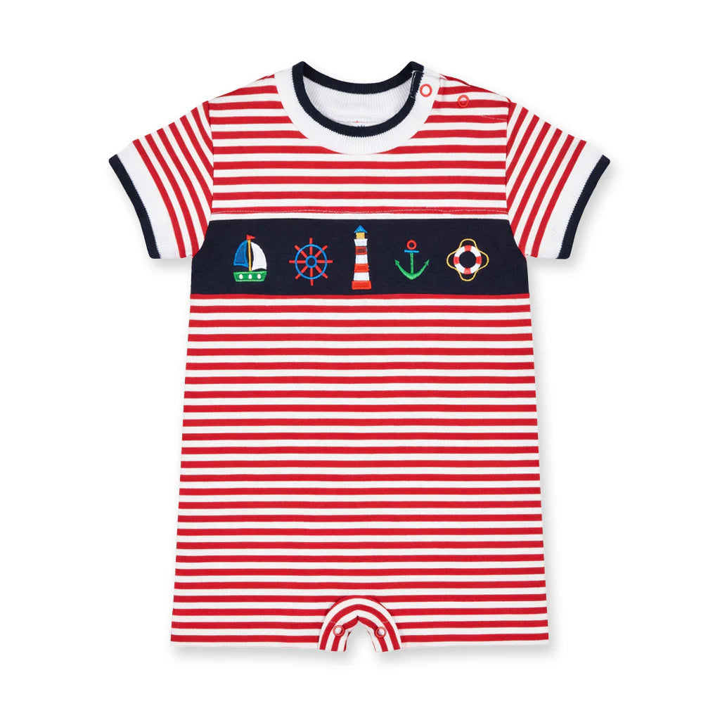 Florence Eiseman Stripe Knit Shortall With Nautical Applique