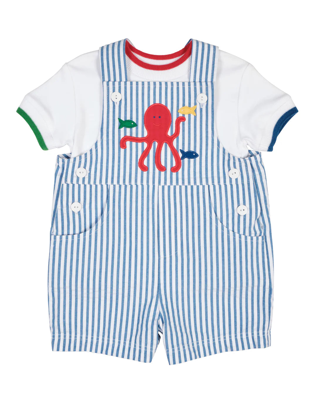 Florence Eiseman Stripe Seersucker Shortall With Octopus with Multi Tipped T-shirt