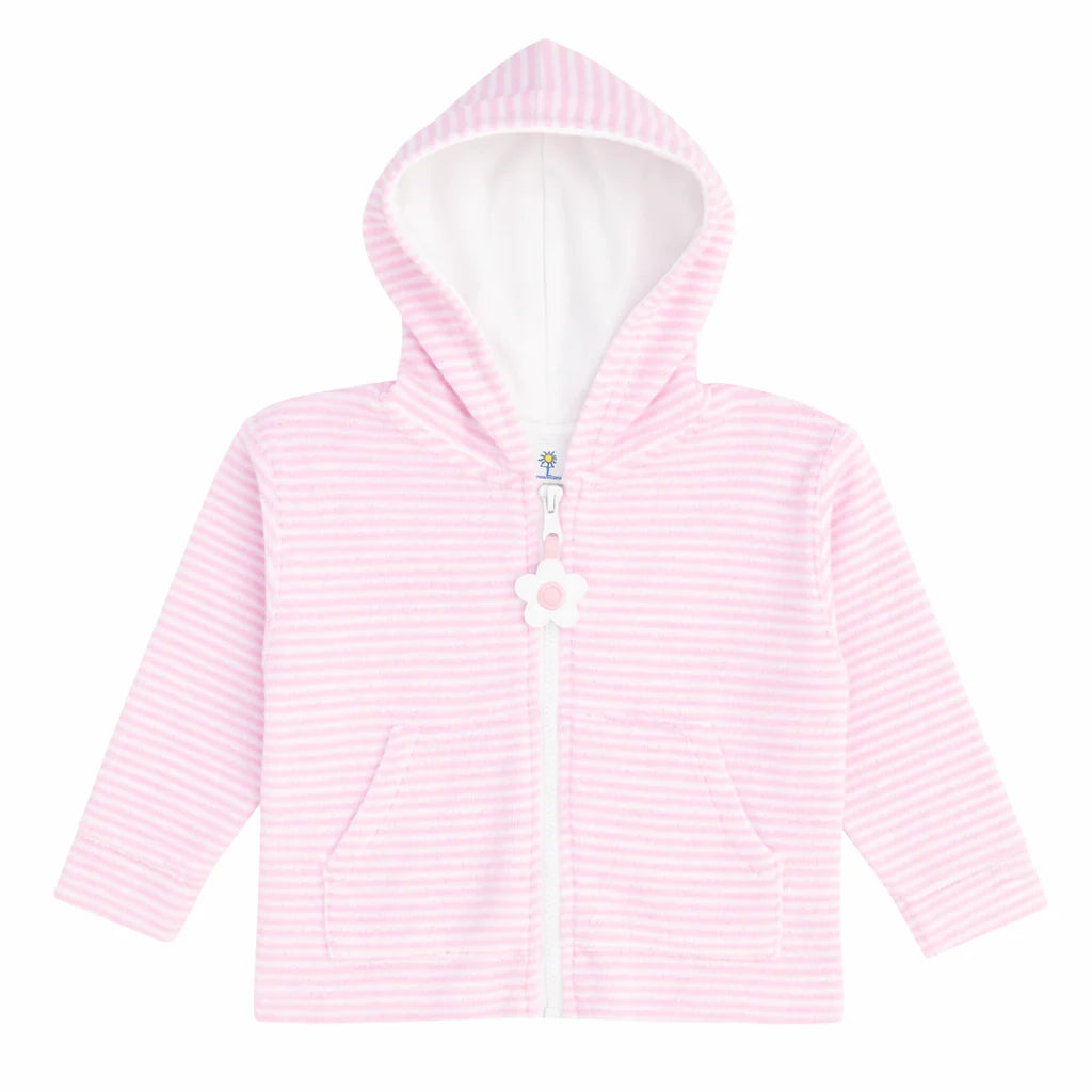 Florence Eiseman pink white stripe terry hoodie with flower zipper pull
