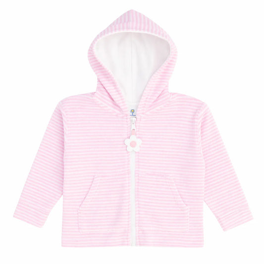 Florence Eiseman pink white stripe terry hoodie with flower zipper pull
