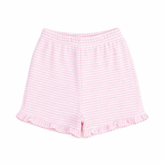 Florence Eiseman pink white stripe terry shorts with ruffle hem
