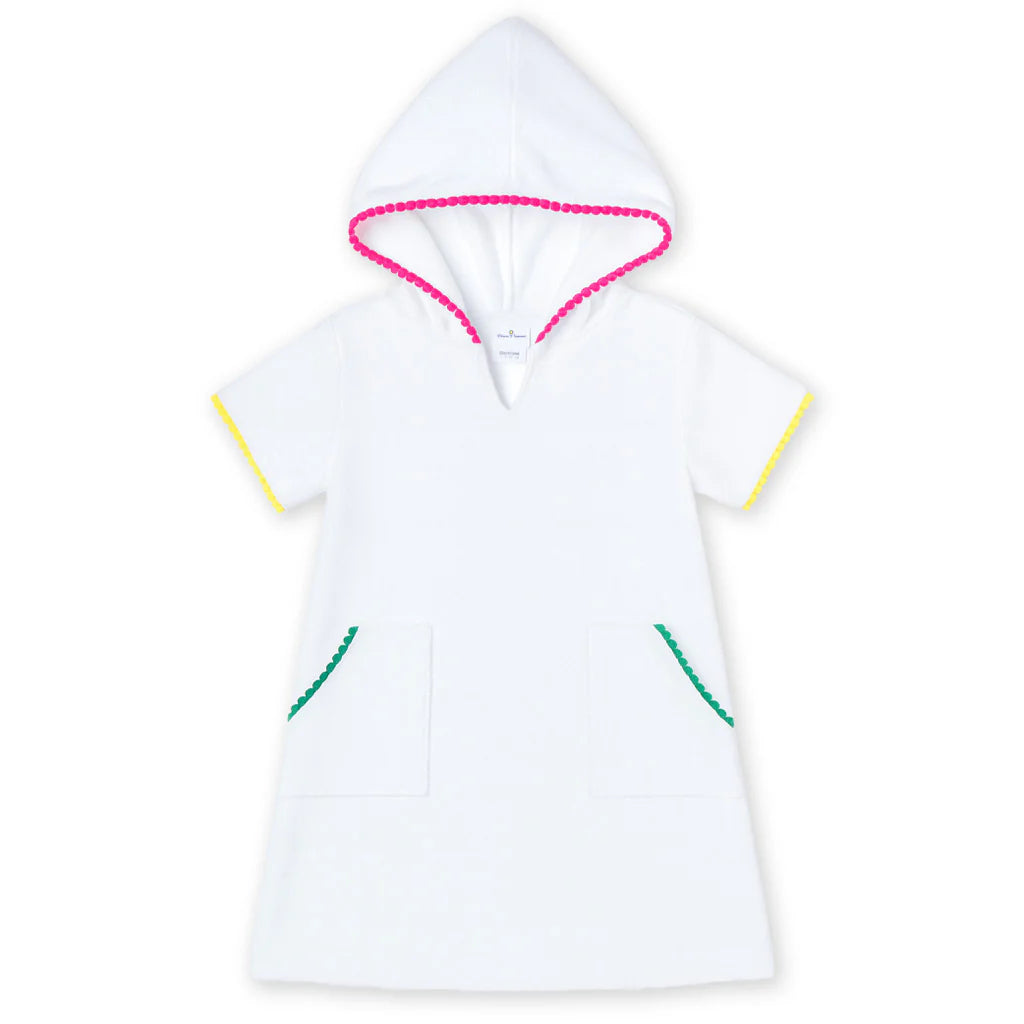 Florence Eiseman white terry cloth girls coverup with multicolor pom poms
