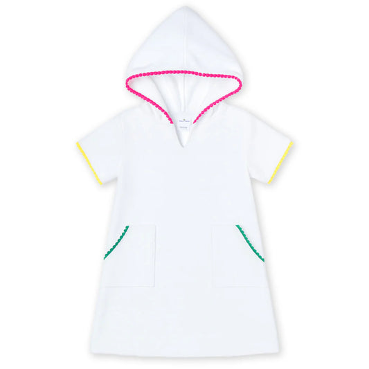 Florence Eiseman white terry cloth girls coverup with multicolor pom poms
