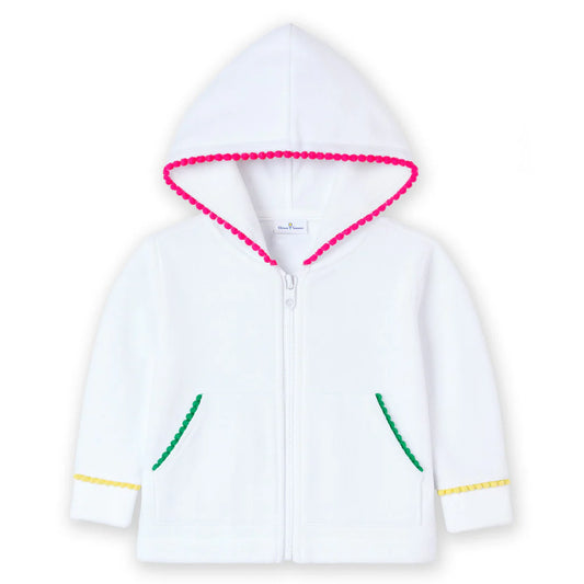 Florence Eiseman white terry cloth girls hoodie with colorful pom poms
