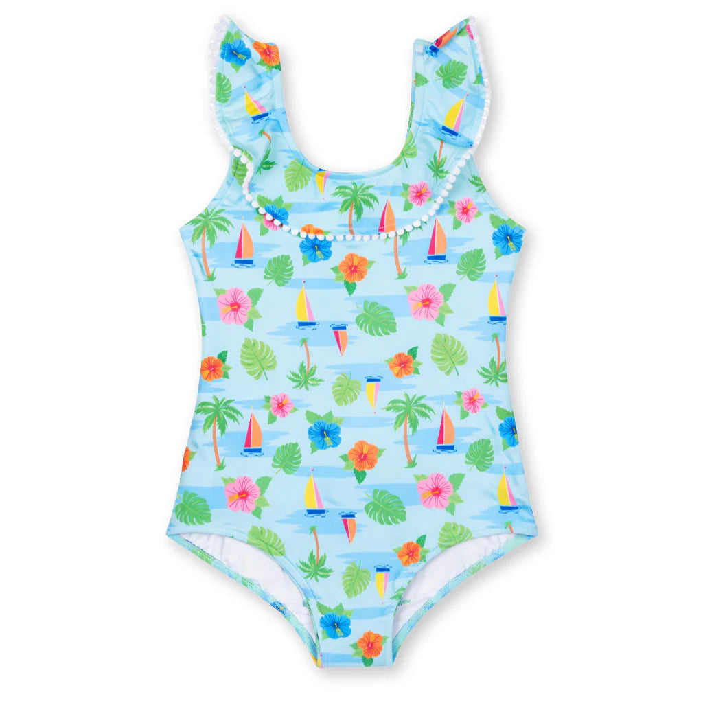 Florence Eiseman tropical print ruffle neck girls swimsuit with hibiscus applique
