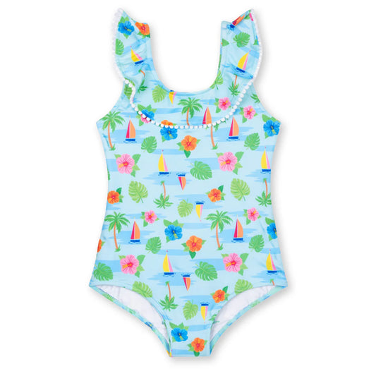 Florence Eiseman tropical print ruffle neck girls swimsuit with hibiscus applique
