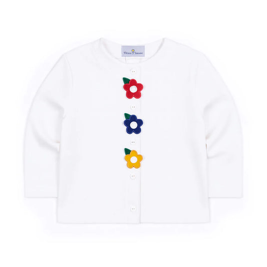 Florence Eiseman white knit girls cardigan with colorful flower appliques
