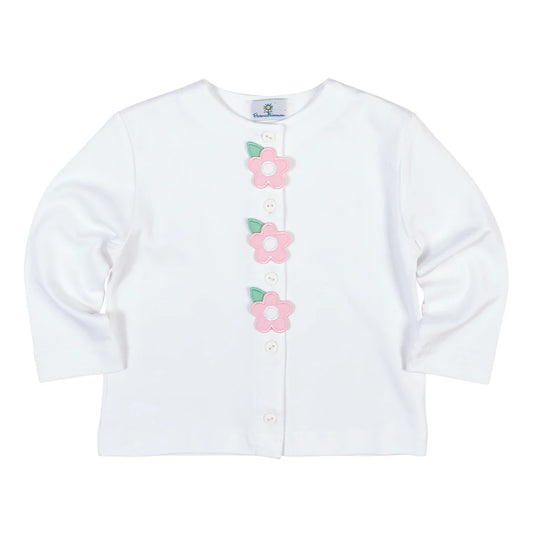 Florence Eiseman white knit girls cardigan with pink flower appliqué
