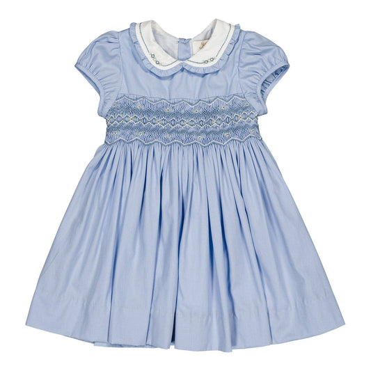 Héloïse, smocked dress in cornflower-blue poplin