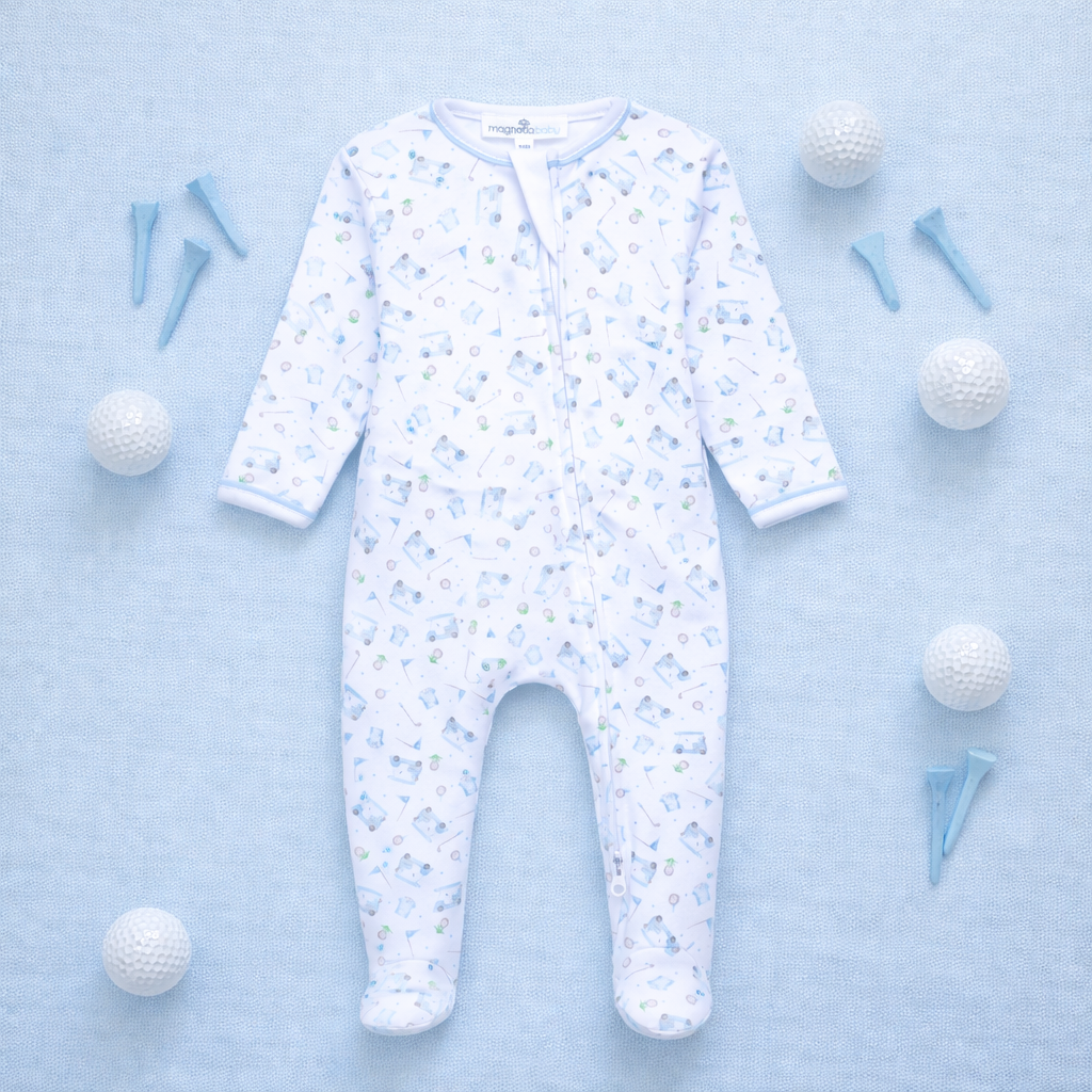 Magnolia Baby Little Golfer Print Zip Footie - Light Blue