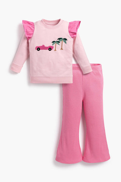 Double Ruffle Sweatshirt + Ribbed Flare Legging Set_Palm Springs on Pink