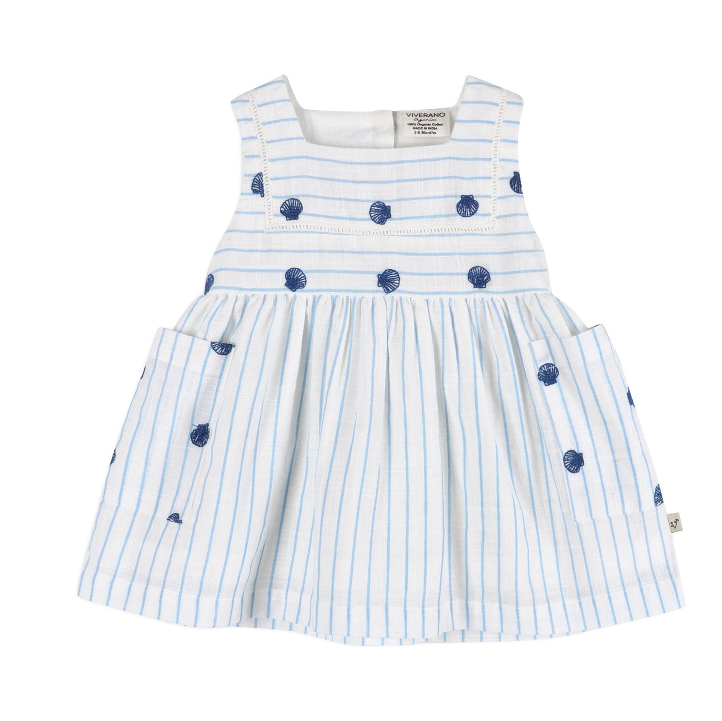 Seashells Embroidered Striped Baby Dress + Bloomer (Organic)