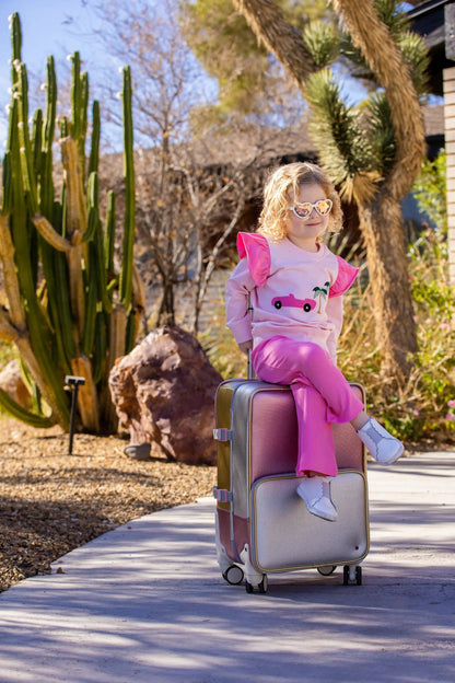 Double Ruffle Sweatshirt + Ribbed Flare Legging Set_Palm Springs on Pink