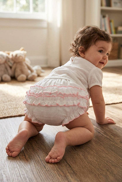 74160-Baby Girl Ruffle Diaper Cover Pink Trim