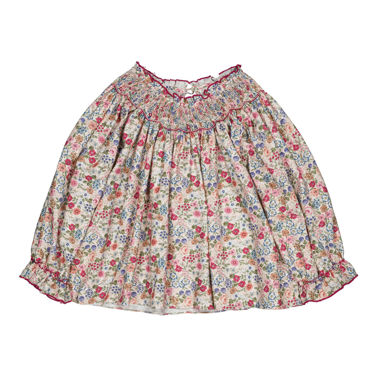 Kidiwi Maëline Smocked Girl Blouse in Pink and Raspberry Foral Print