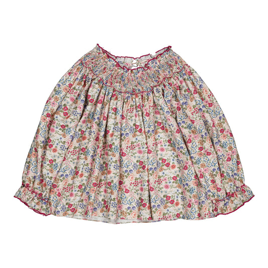 Kidiwi Maëline Smocked Girl Blouse in Pink and Raspberry Foral Print