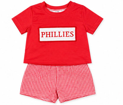 Smocked Phillies Collection – Embroidered Phillies Red Plaid Outfits