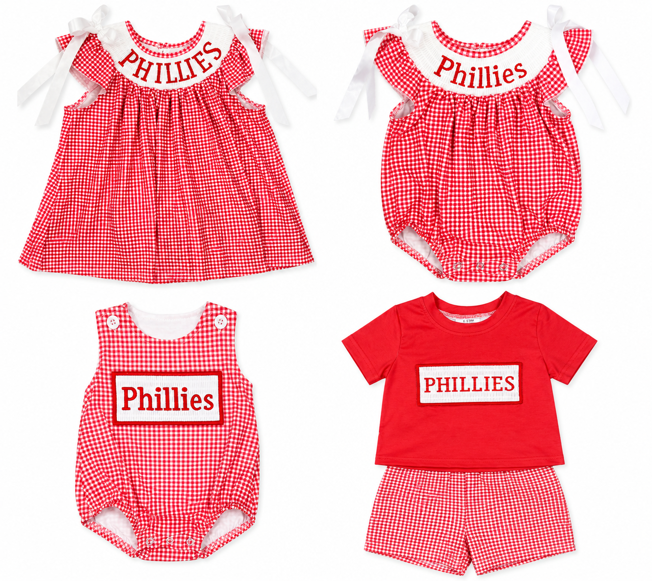 Smocked Phillies Collection – Embroidered Phillies Red Plaid Outfits