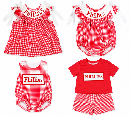Smocked Phillies Collection – Embroidered Phillies Red Plaid Outfits