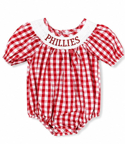 Phillies Red Plaid  Embroidery Smock Bubble