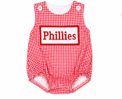Smocked Phillies Collection – Embroidered Phillies Red Plaid Outfits