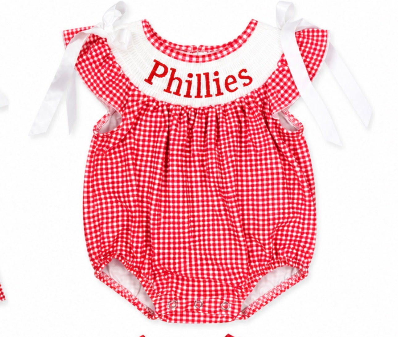 Smocked Phillies Collection – Embroidered Phillies Red Plaid Outfits