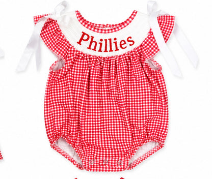 Smocked Phillies Collection – Embroidered Phillies Red Plaid Outfits